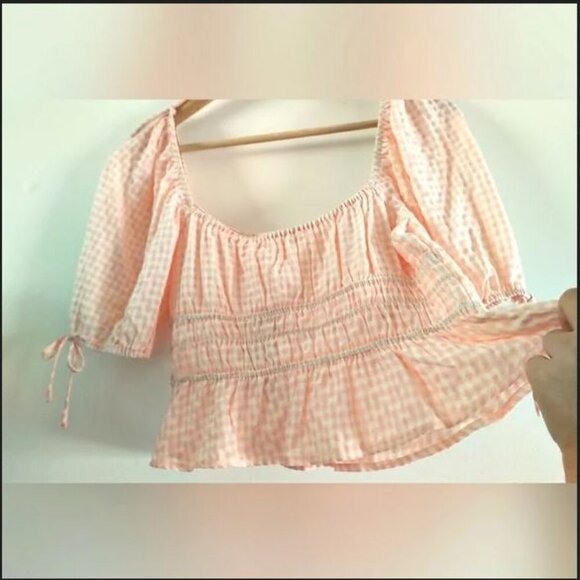 2/100🥑NWT Anthropologie Square-neck Gingham Milk-maid Top Puff Sleeve Baby Pink - Picture 8 of 16